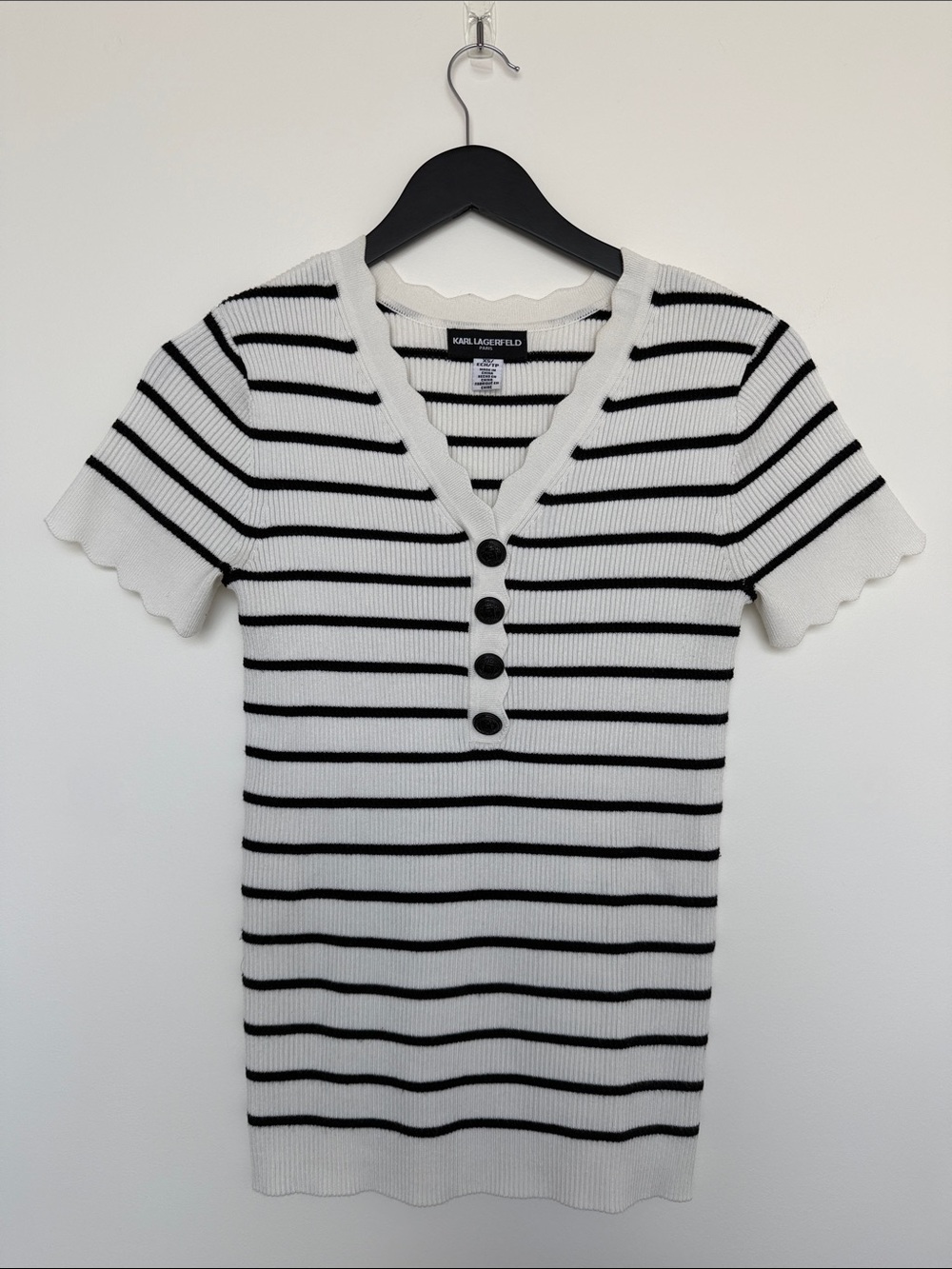 Karl Lagerfeld White and Black Striped V-Neck Knit Top